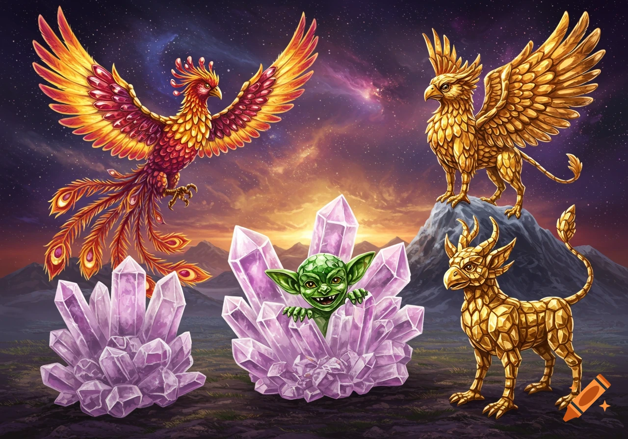 Fantasy scene with jewel creatures: a phoenix, griffin, golden creature, and green creature among purple crystals under a starry sky.