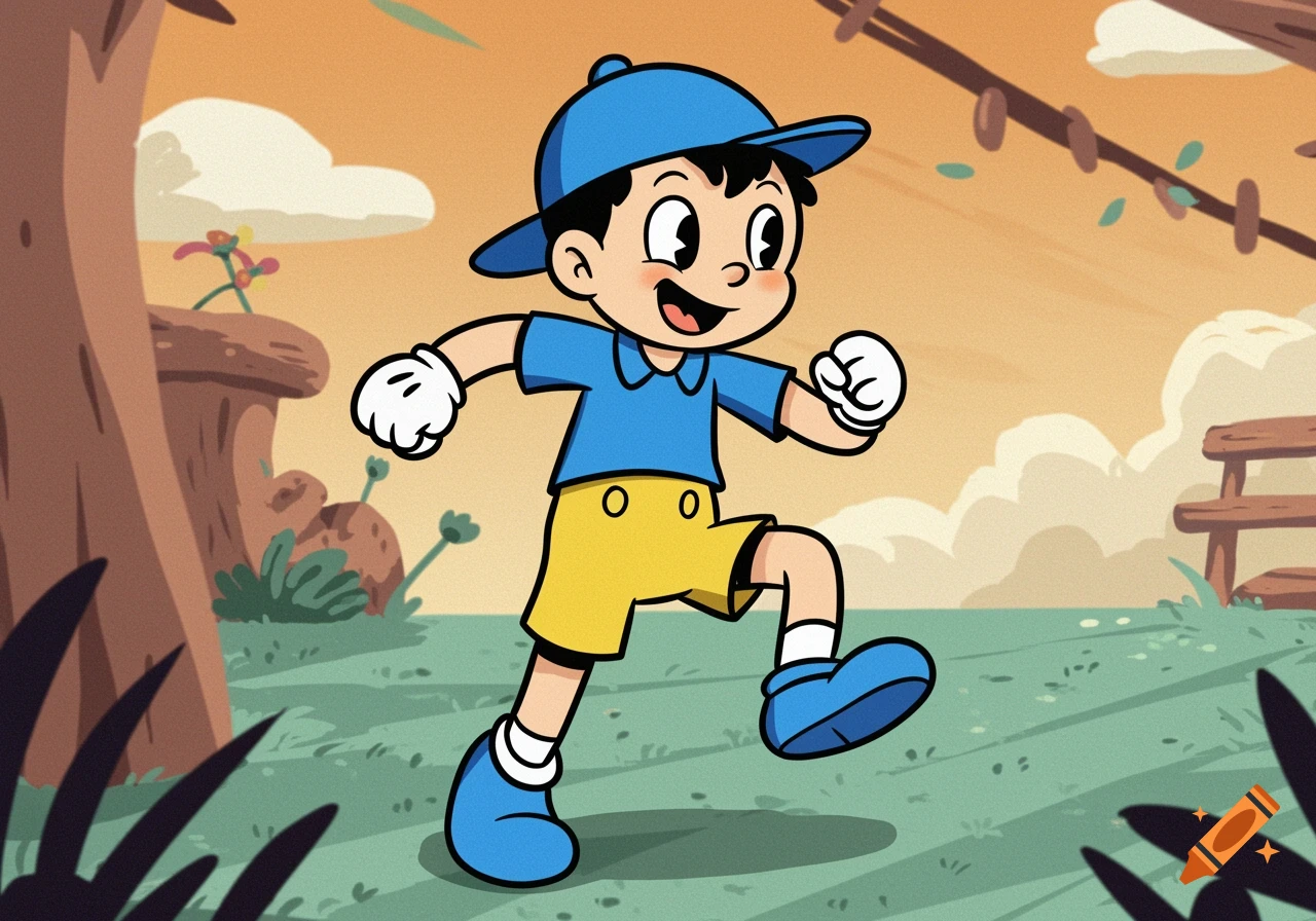 A cartoon boy in a blue hat and shirt runs in a field, vintage animation style.