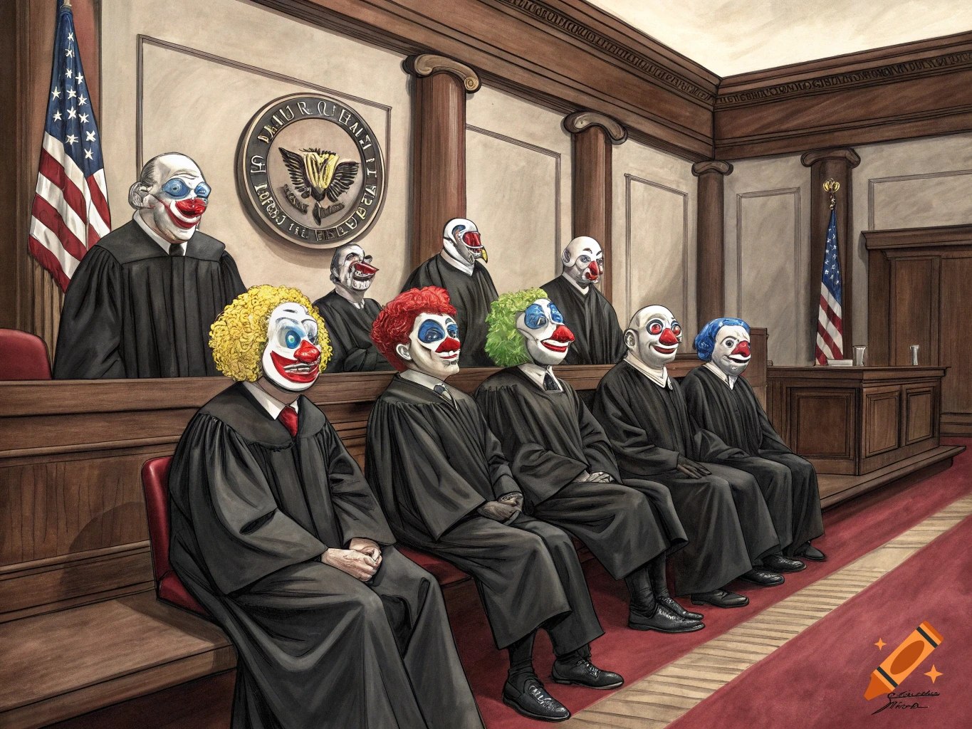 Illustration of judges wearing clown masks in a courtroom