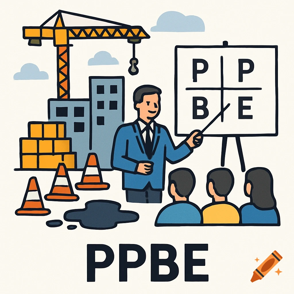 Clip art of a man teaching a group in a construction setting with a whiteboard showing 'PPBE'.