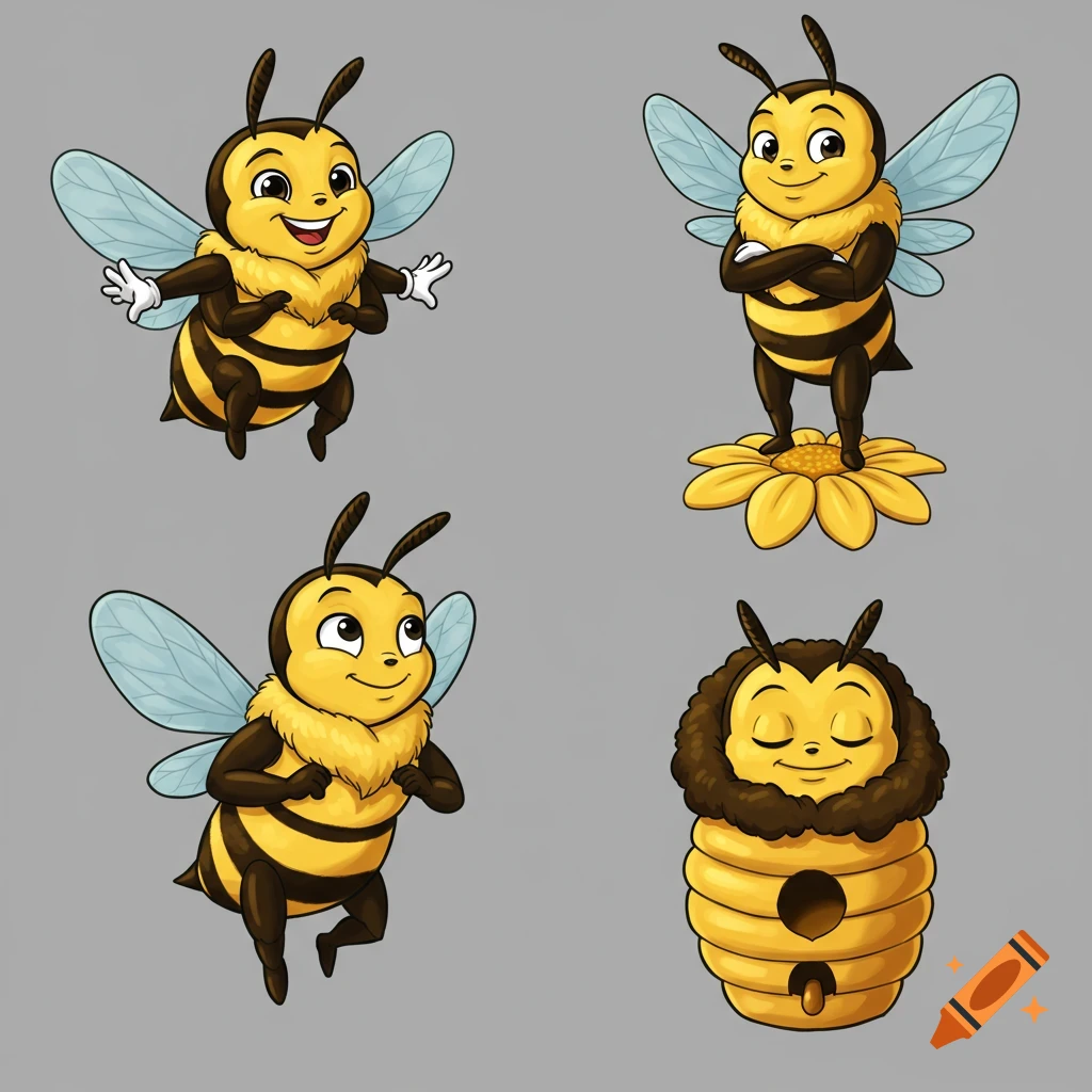 Four cartoon bumblebees in different poses: flying, standing on a flower, hovering, and inside a hive.