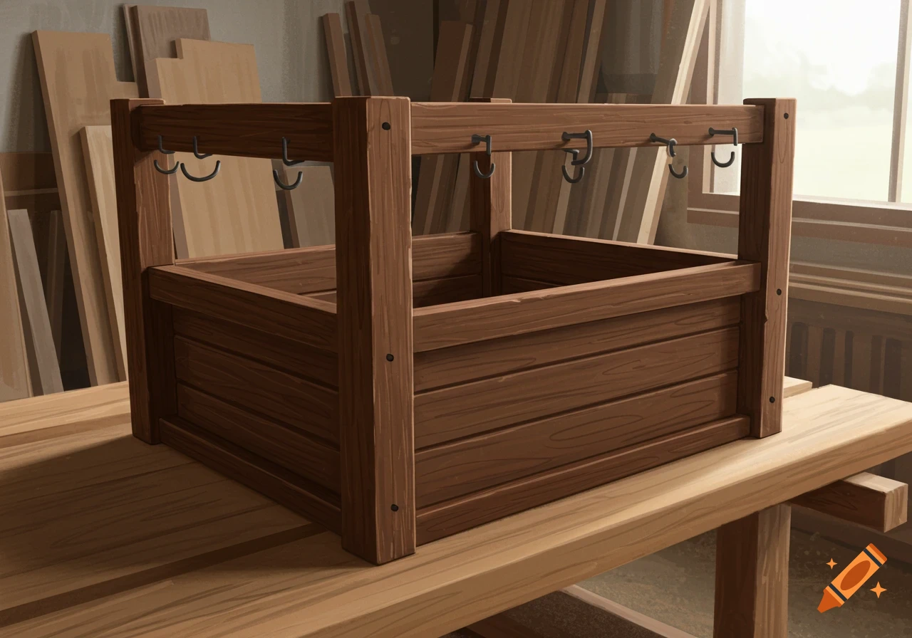 A wooden box frame with hooks sits on a table in a workshop.