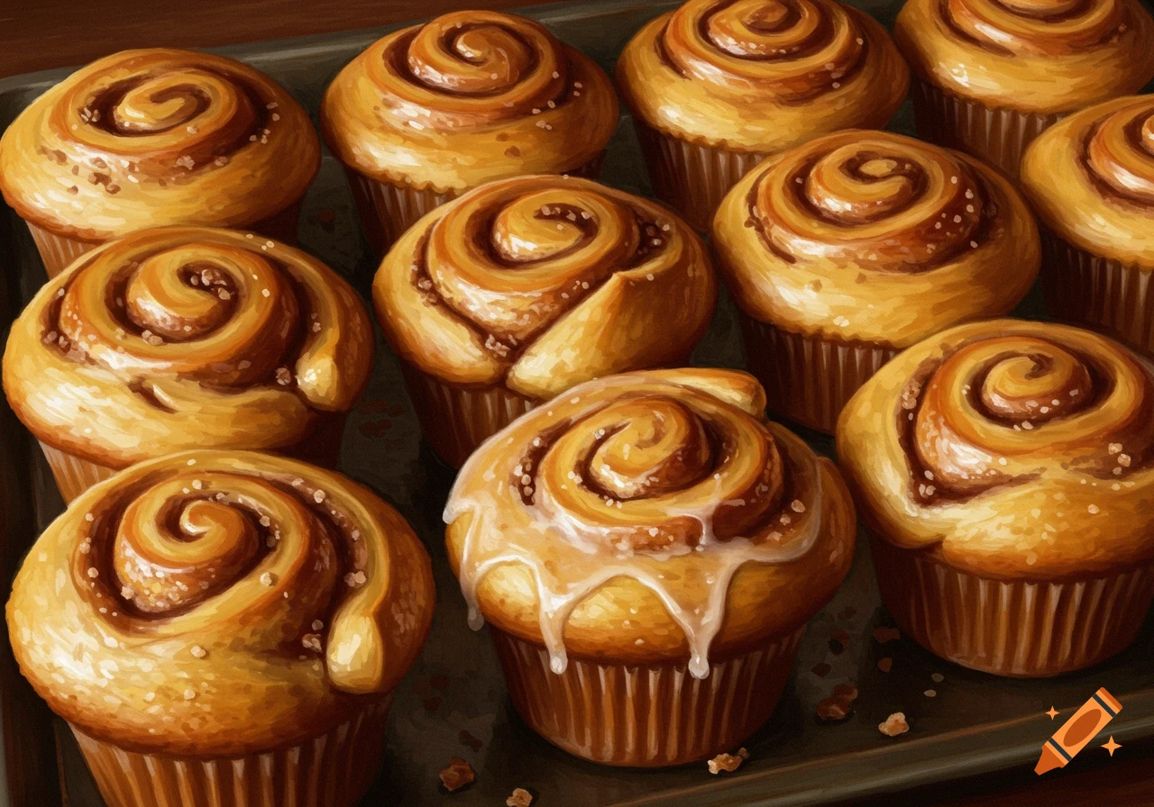 A close-up view of a tray of cinnamon roll muffins, some with glaze, in an illustrative style.