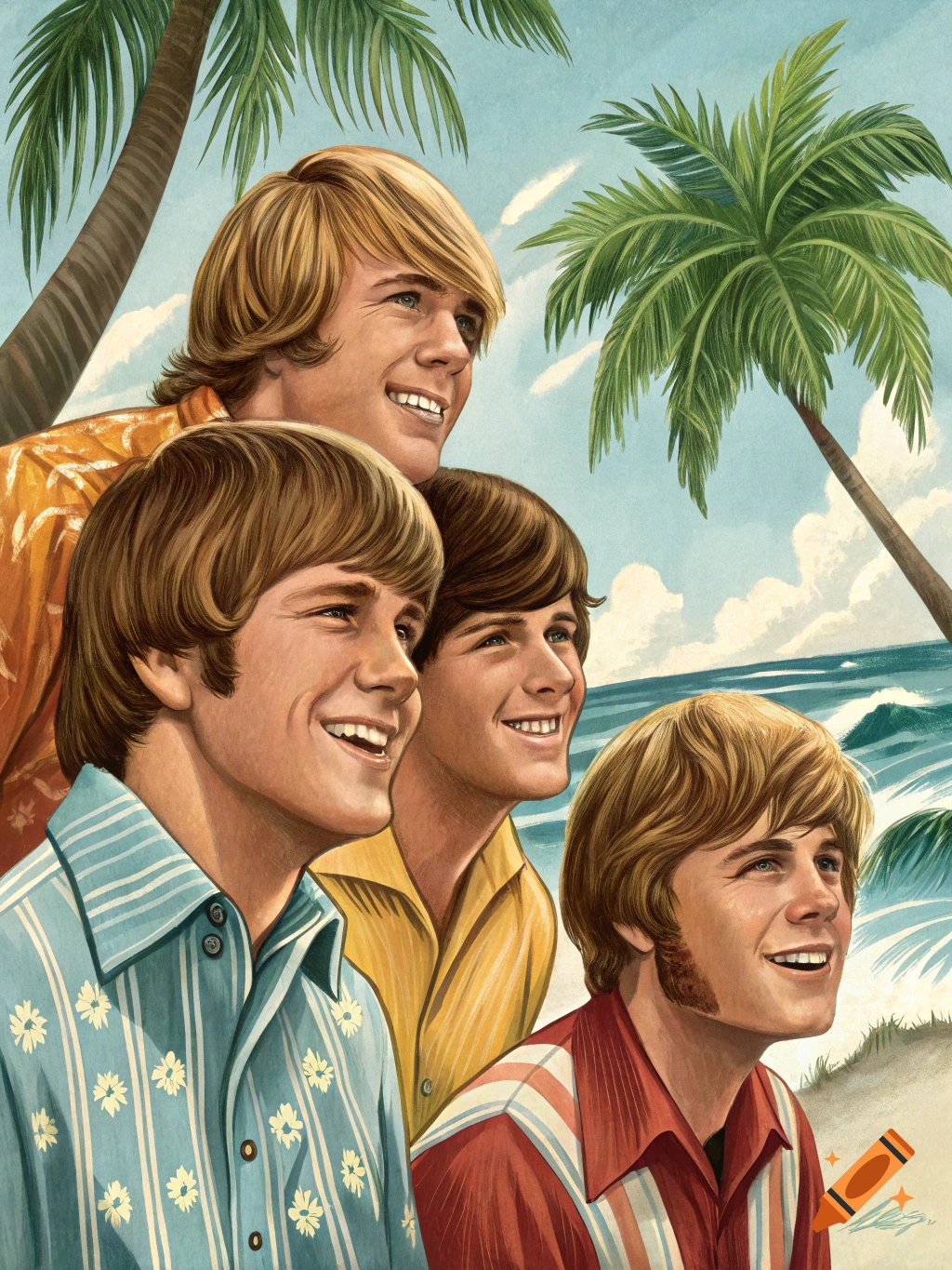 Four young men on a beach with palm trees and ocean, smiling in a retro illustration style.