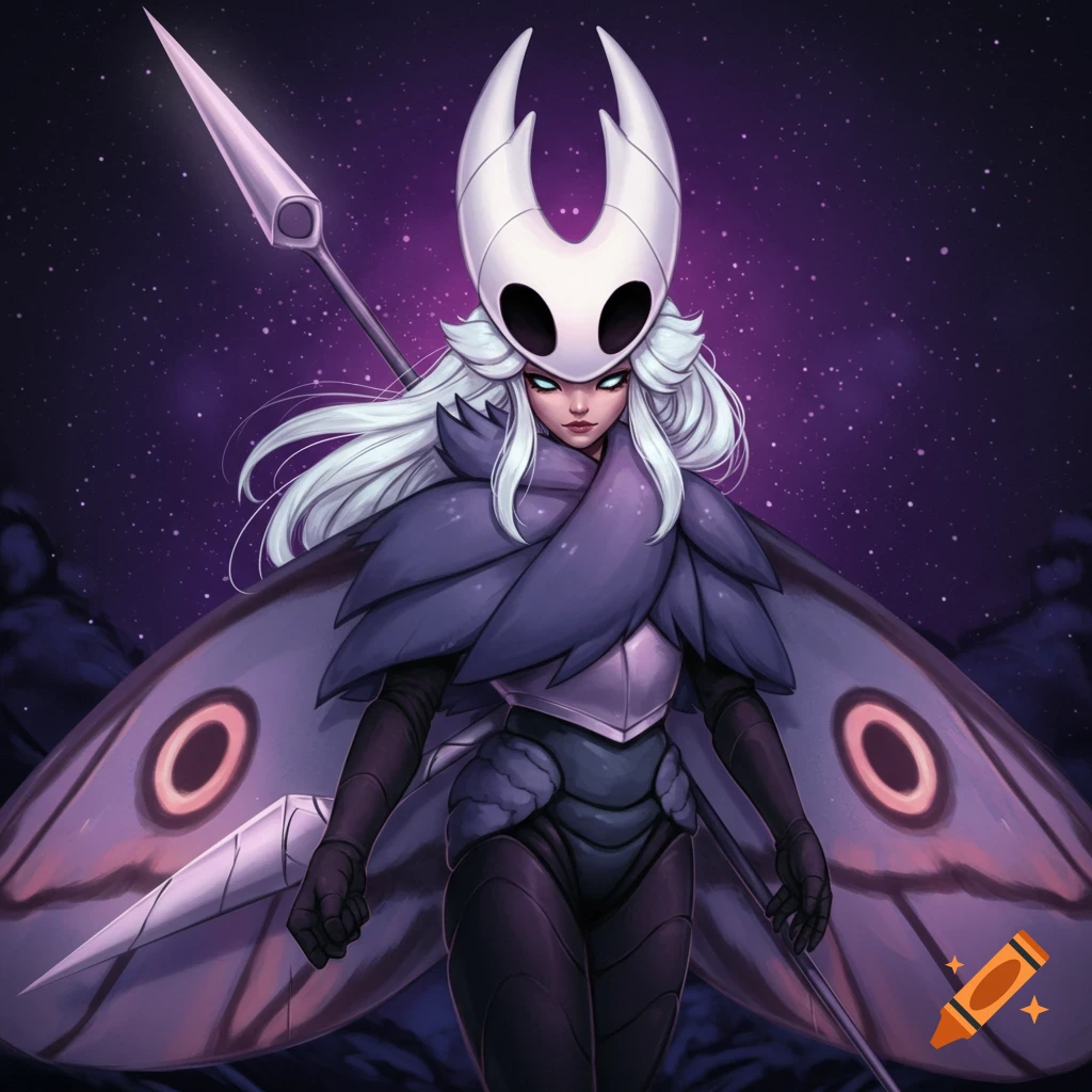 A fantasy character with white hair, armor, moth wings, a skull-like mask, and a spear stands against a starry purple background.