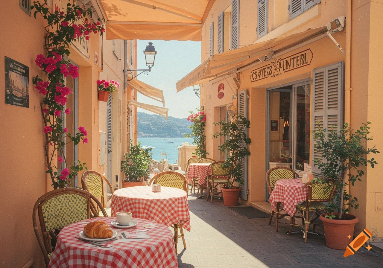 Outdoor cafe on a European street overlooking the sea, with tables, chairs, flowers, and a croissant and coffee in the foreground. Film photo style.
