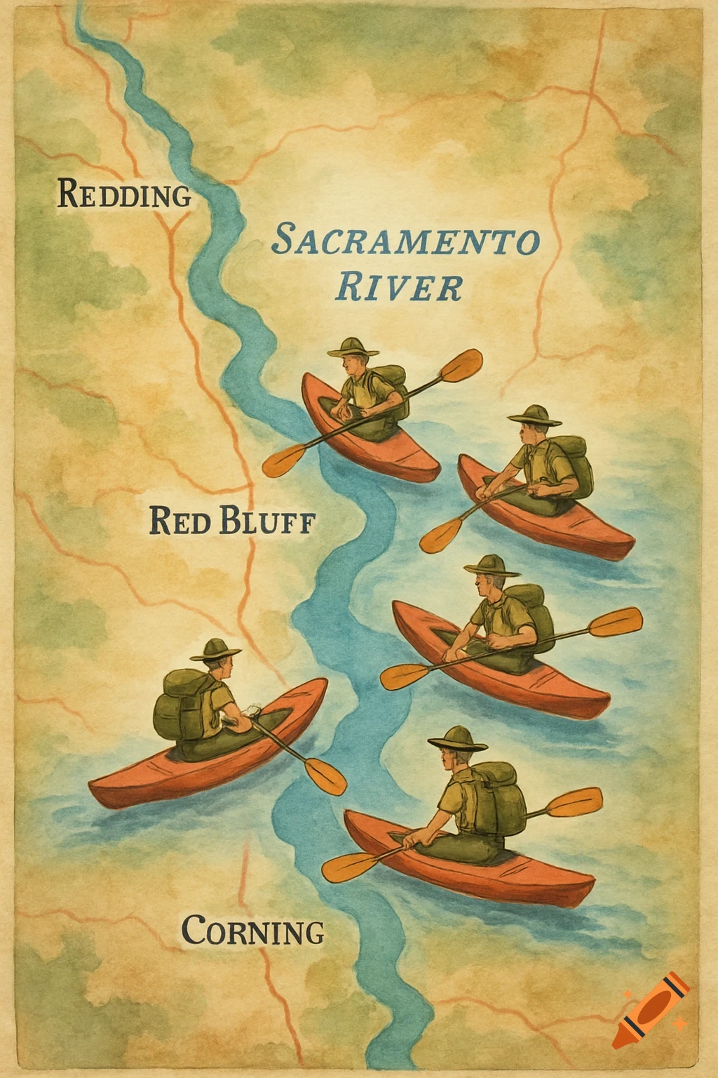 Watercolor map of the Sacramento River with kayakers, showing Redding, Sacramento River, Red Bluff, and Corning.