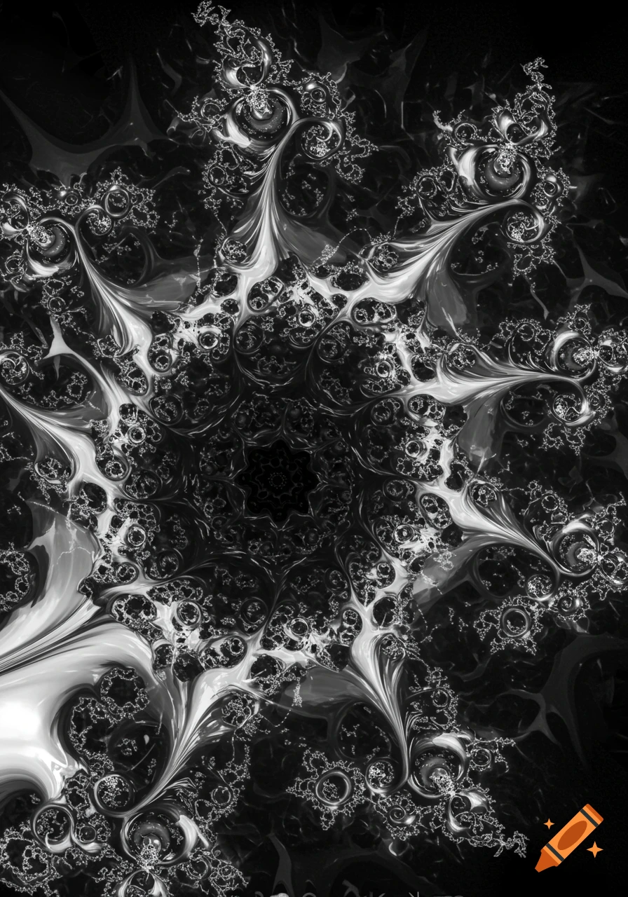 A detailed black and white fractal pattern with intricate swirling shapes.