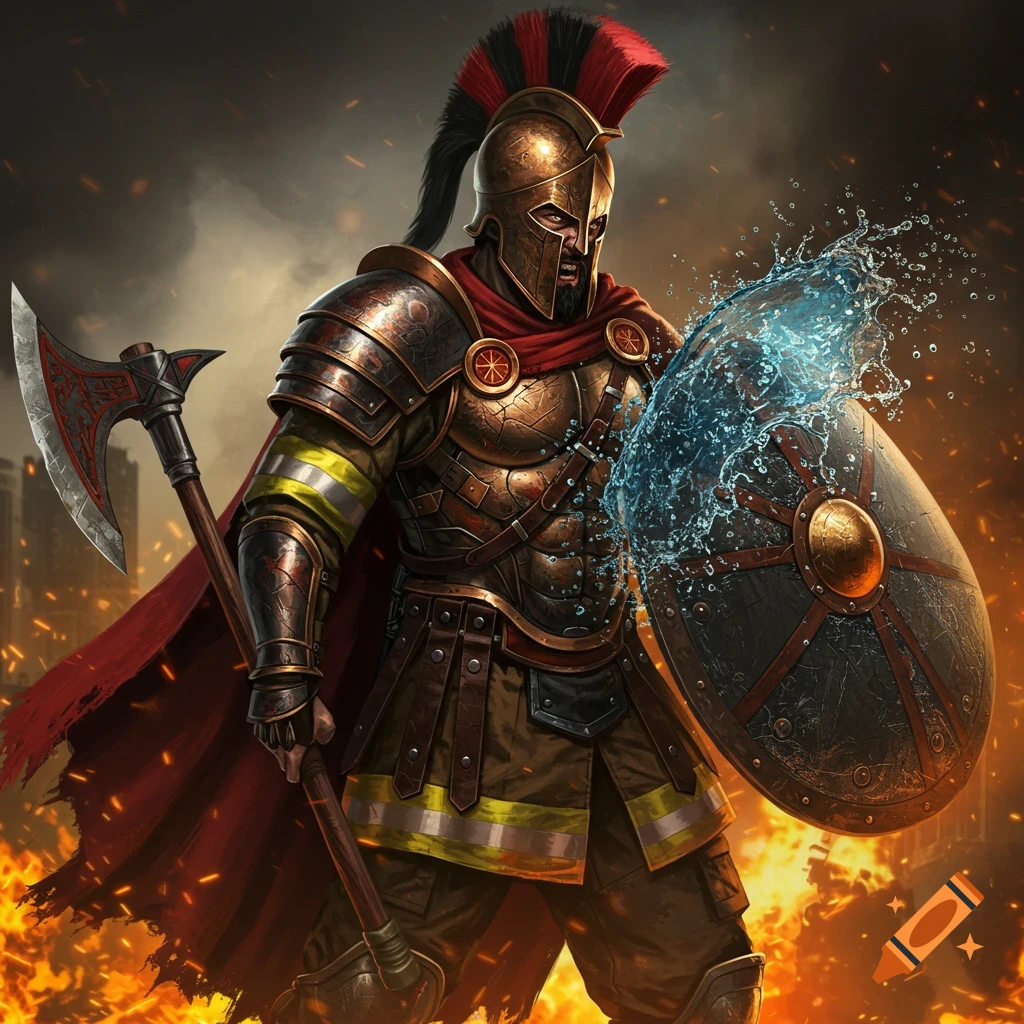 Epic Spartan warrior in firefighter armor battling fire with a shield deflecting water.