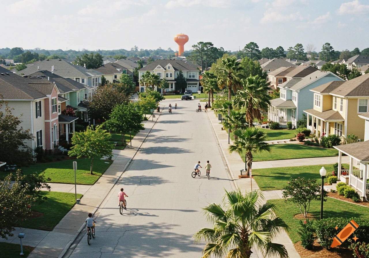View down a suburban street with colorful houses, palm trees, children on bikes, and a water tower in the distance.