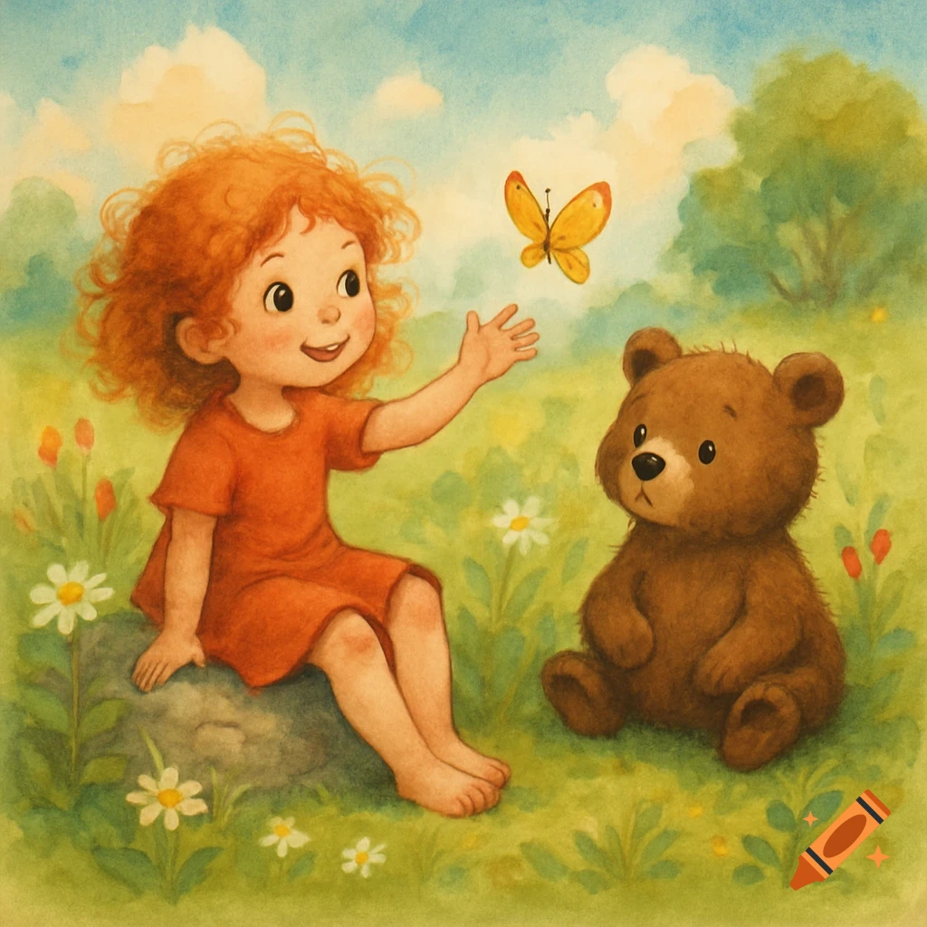 Watercolor illustration of a girl and teddy bear in a meadow with a butterfly.