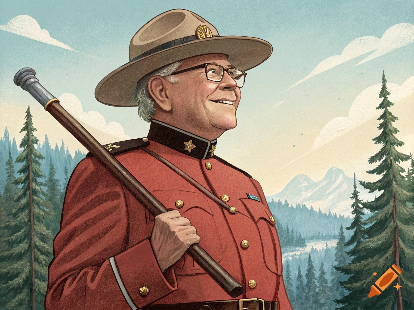 Illustration of a man resembling Warren Buffet in a red Mountie uniform in a forest landscape.