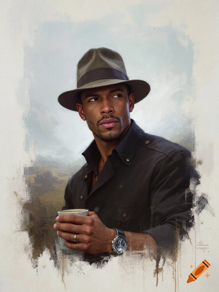 Portrait of a man in a hat holding a coffee cup, painterly style.