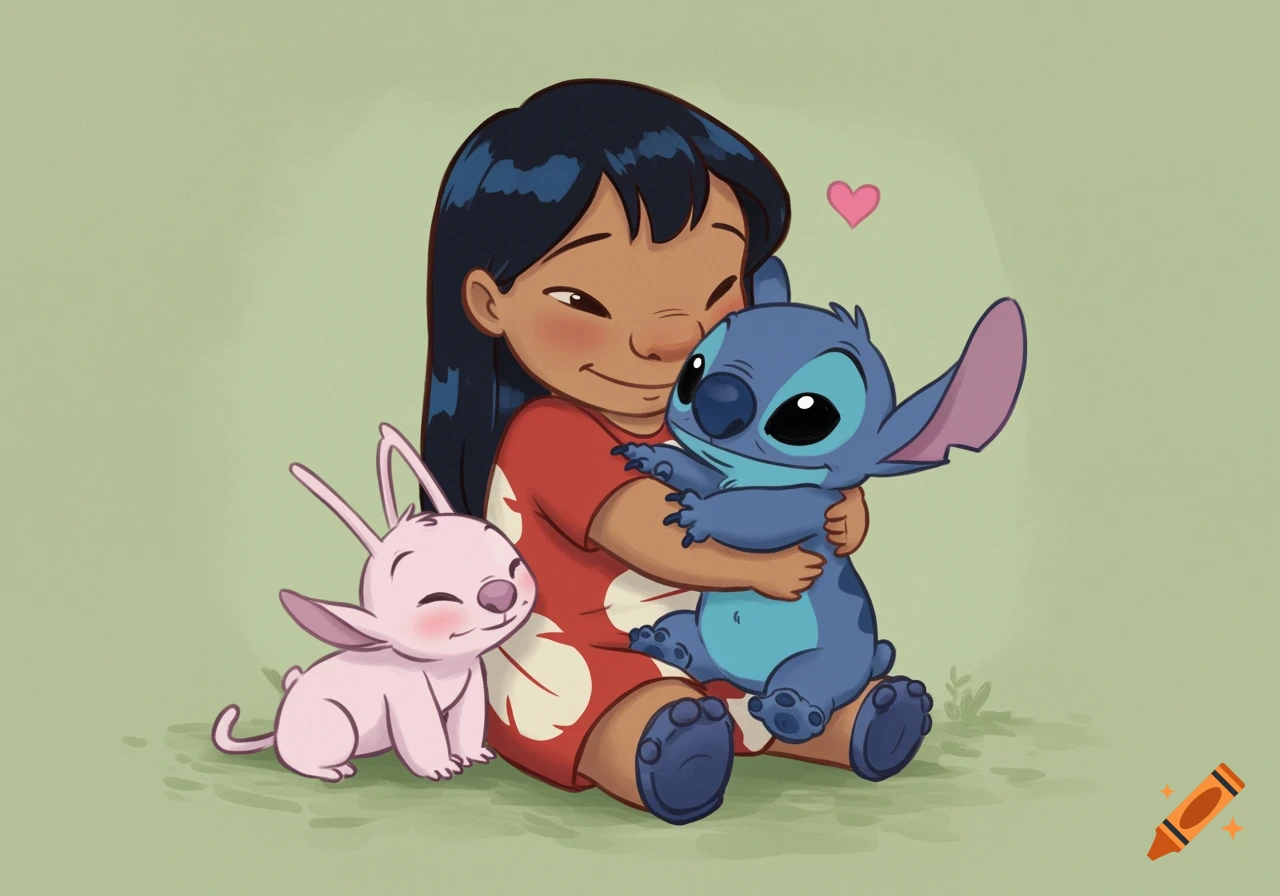 Cute drawing of Lilo hugging Stitch with Angel sitting next to them on a green background.
