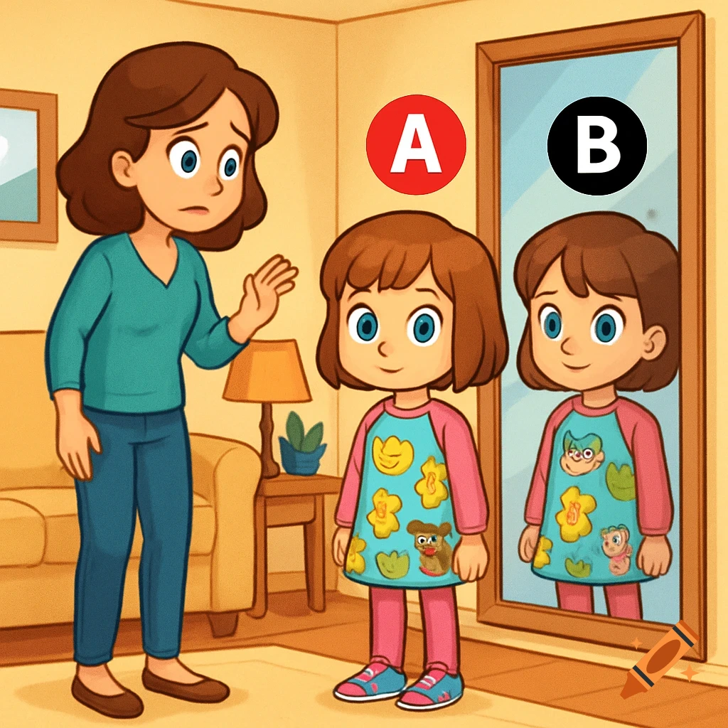 Cartoon of a mother and daughter with labels A and B, looking at the daughter's reflection in a mirror.