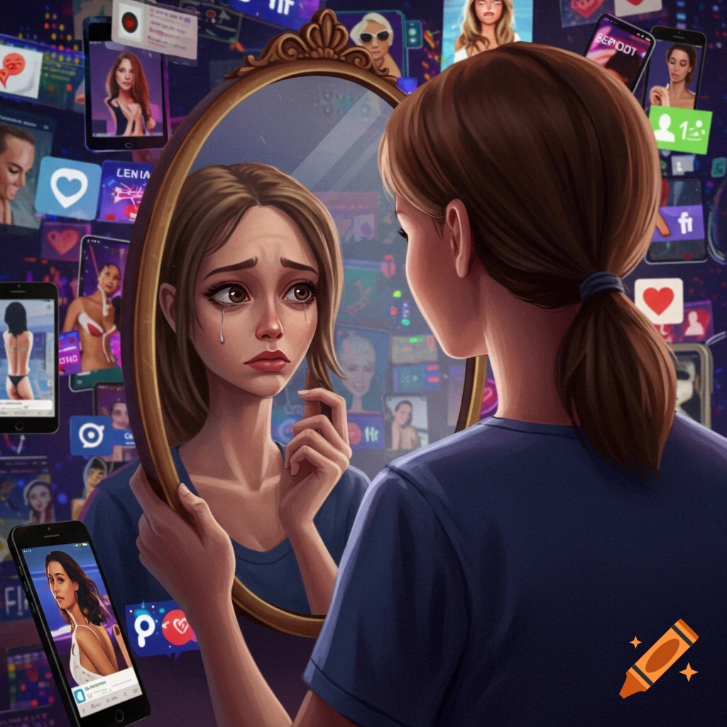 Sad woman looking in a mirror surrounded by social media images, illustrating body dysmorphia.