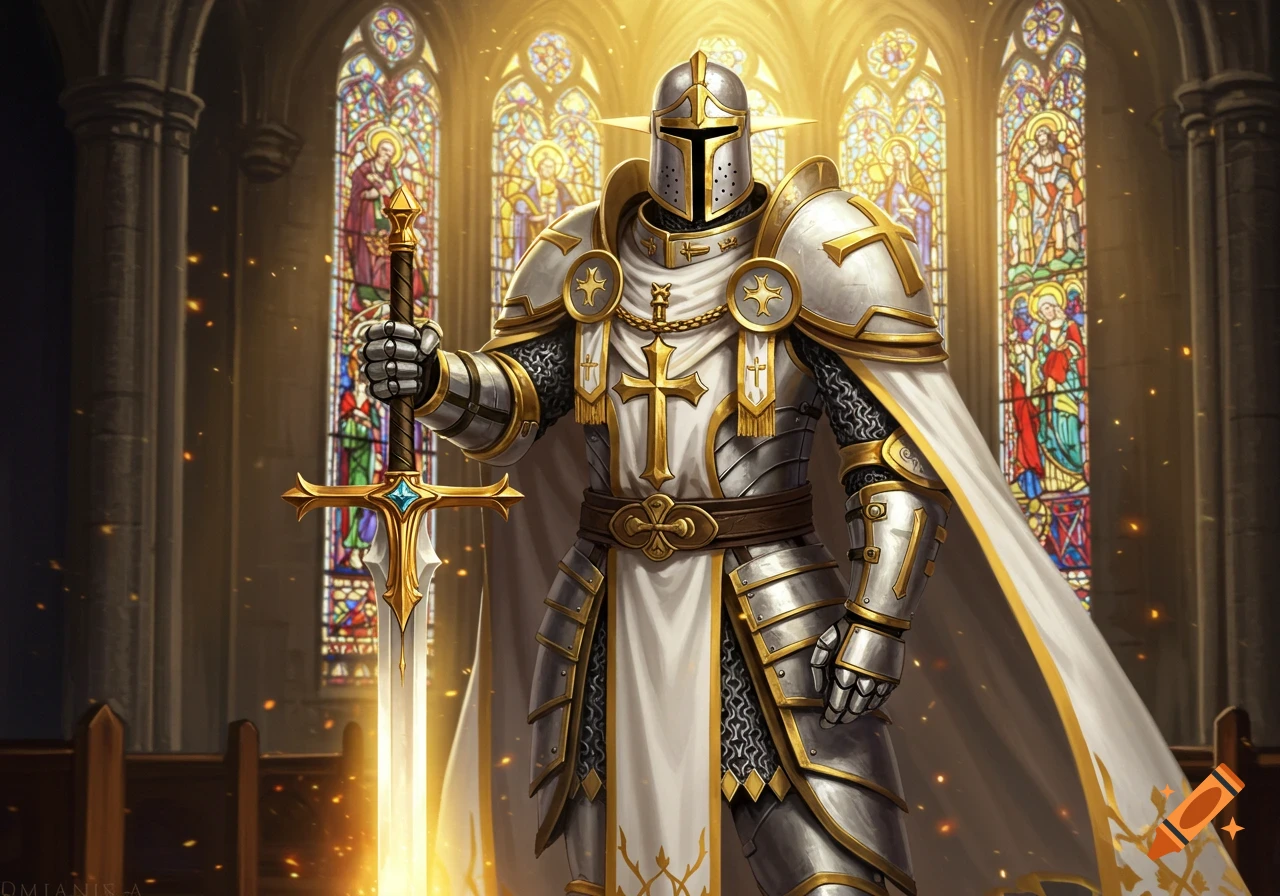 A holy knight in shining armor stands in a church before stained glass windows.