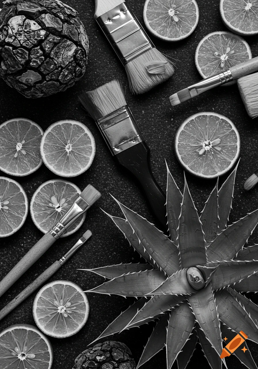 Black and white still life of lime slices, paint brushes, and an agave plant