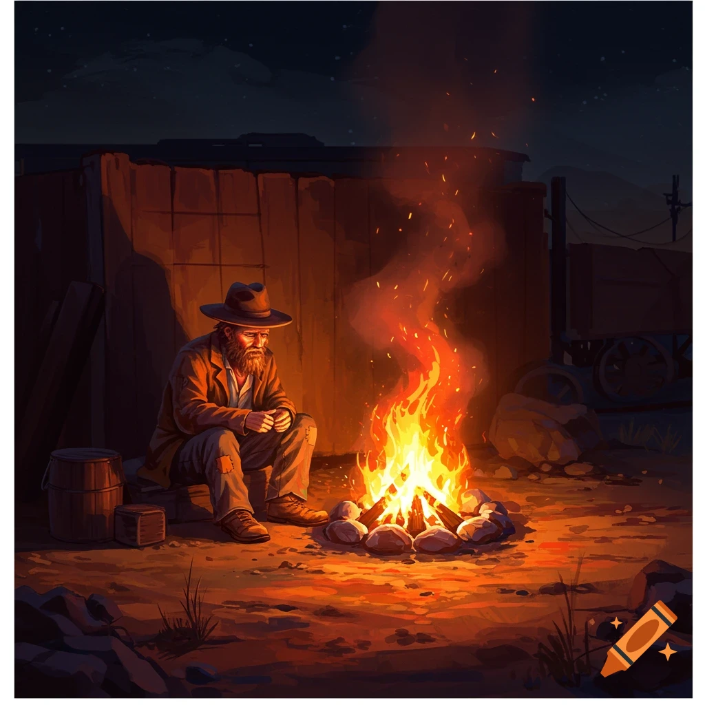 A man in a hat sits by a bright campfire at night in a western setting.