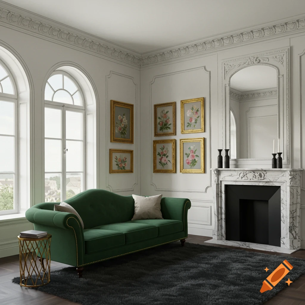 A classic style room with a green sofa, fireplace, multiple framed paintings, and arched windows.