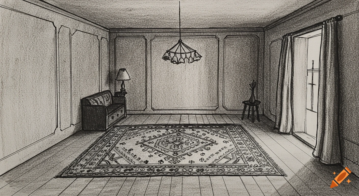 A charcoal drawing of an empty room with a patterned rug, couch, lamp, and window.
