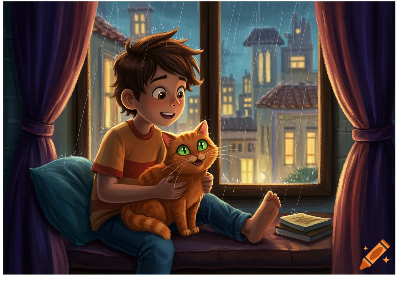 A boy and an orange cat look out a window at a rainy city street, illustration.