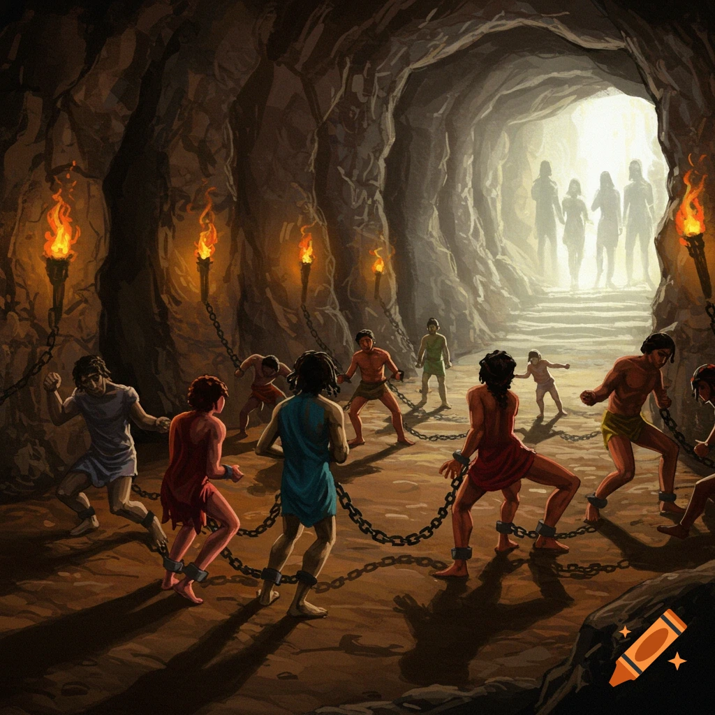People chained in a cave looking at shadows on the wall, with others walking towards a bright exit in the distance. Oil pastel style.