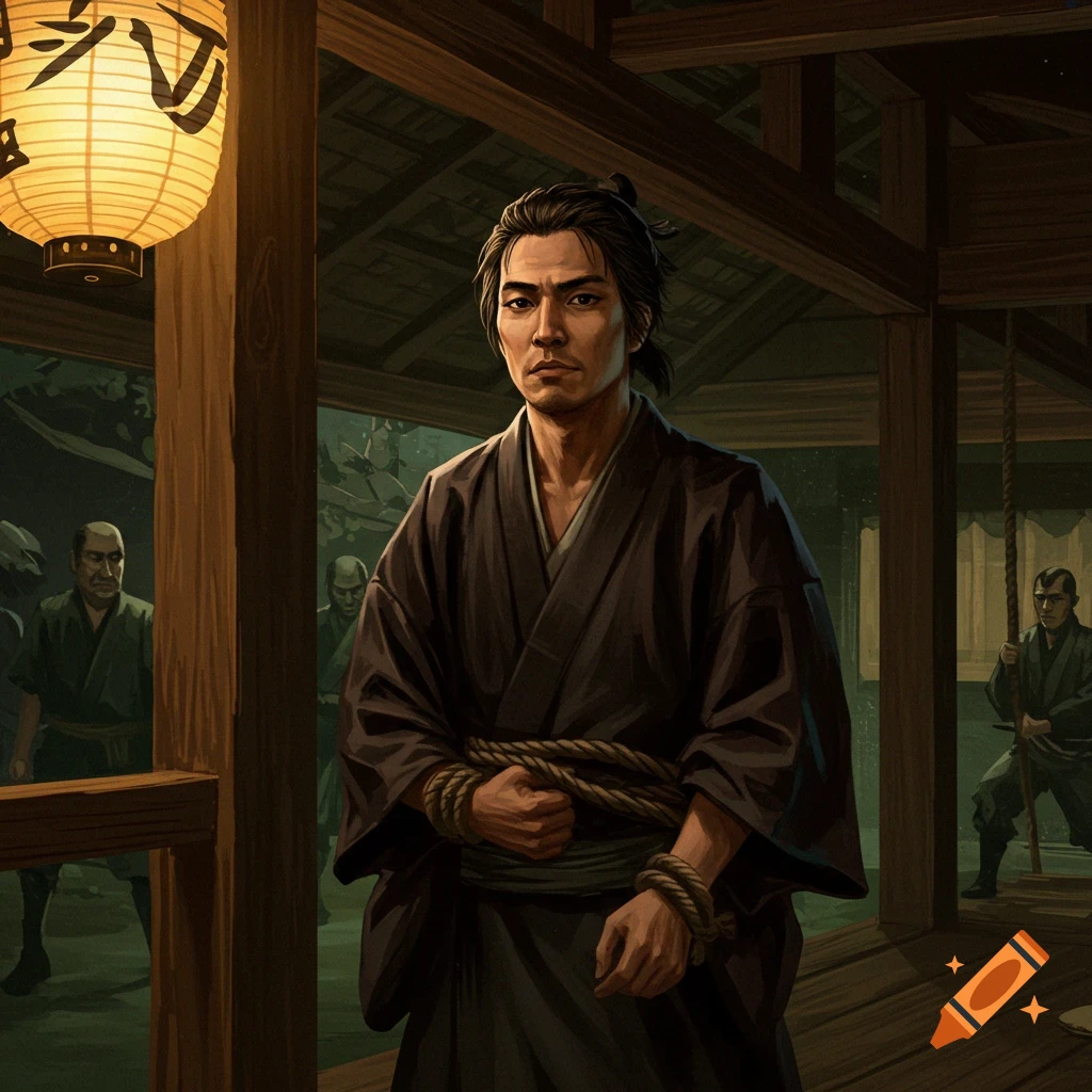 A man with tied hands stands in a traditional Japanese building, surrounded by others, illustrated.