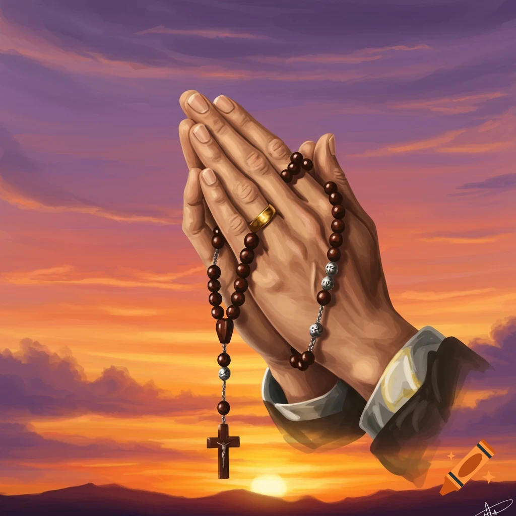 Praying hands hold a rosary against a colorful sunset sky.