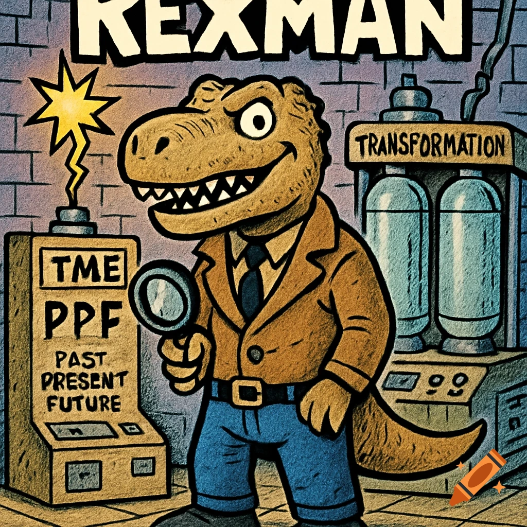 Cartoon dinosaur detective Rexman in a lab with a time machine and transformation tanks.
