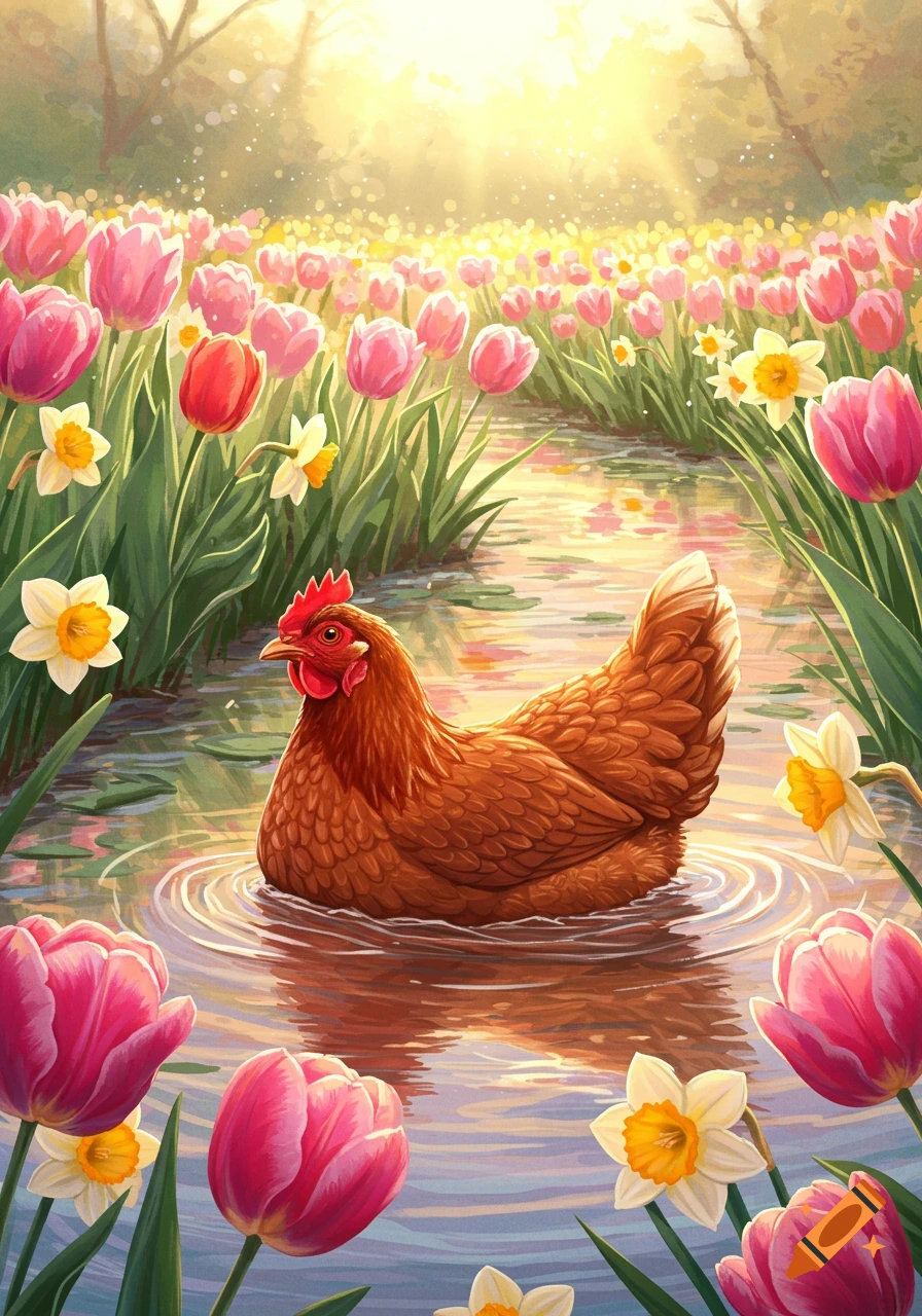 A hen swims in a stream surrounded by pink tulips and daffodils in a sunlit field.