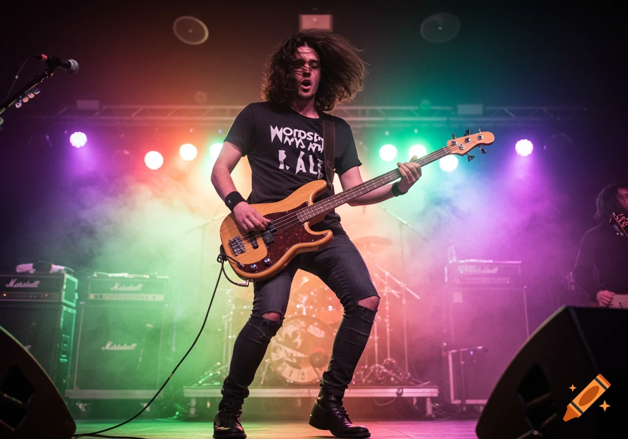 Bass player performs on stage under colorful lights and smoke.