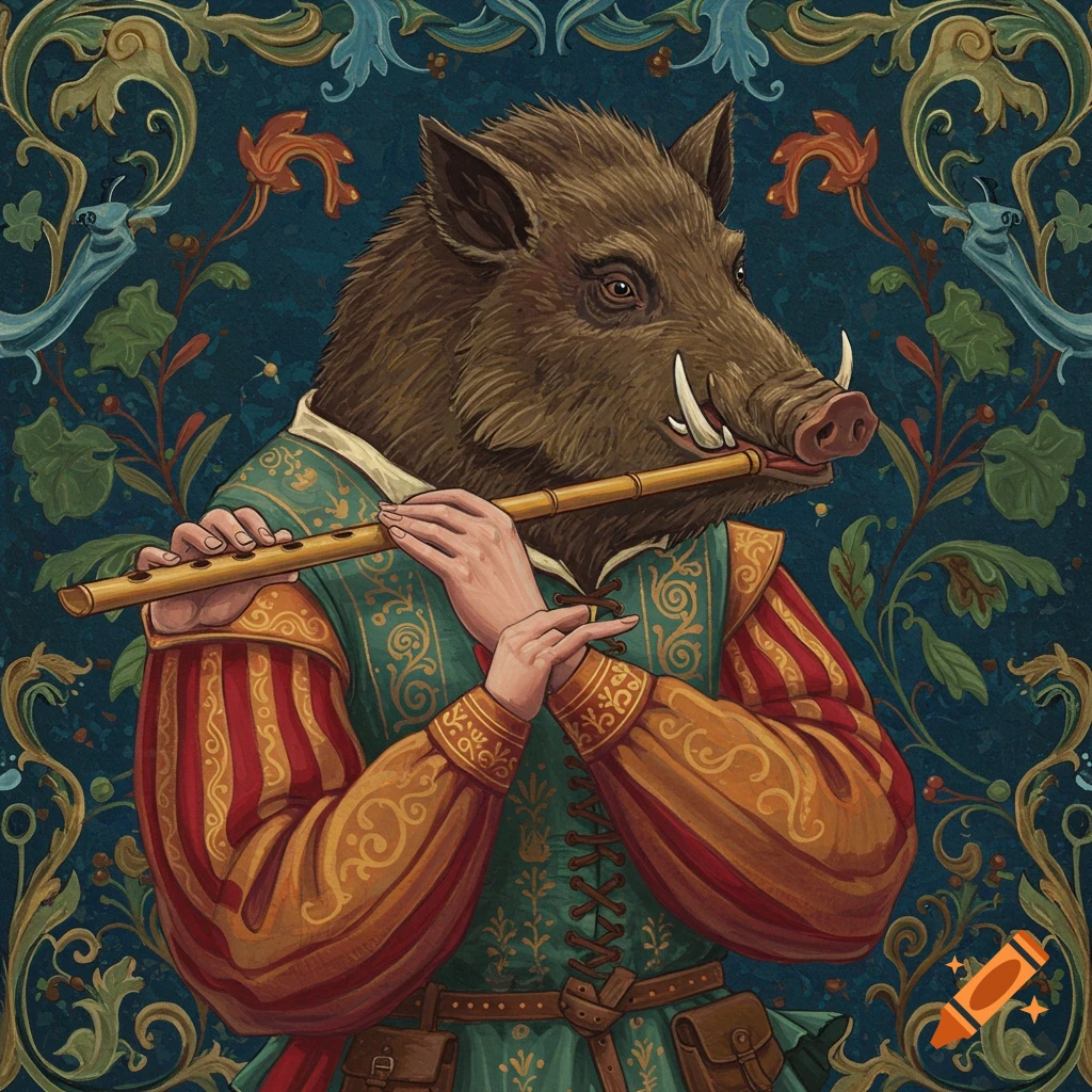 Boar head on human body in medieval clothes playing flute, medieval bestiary style