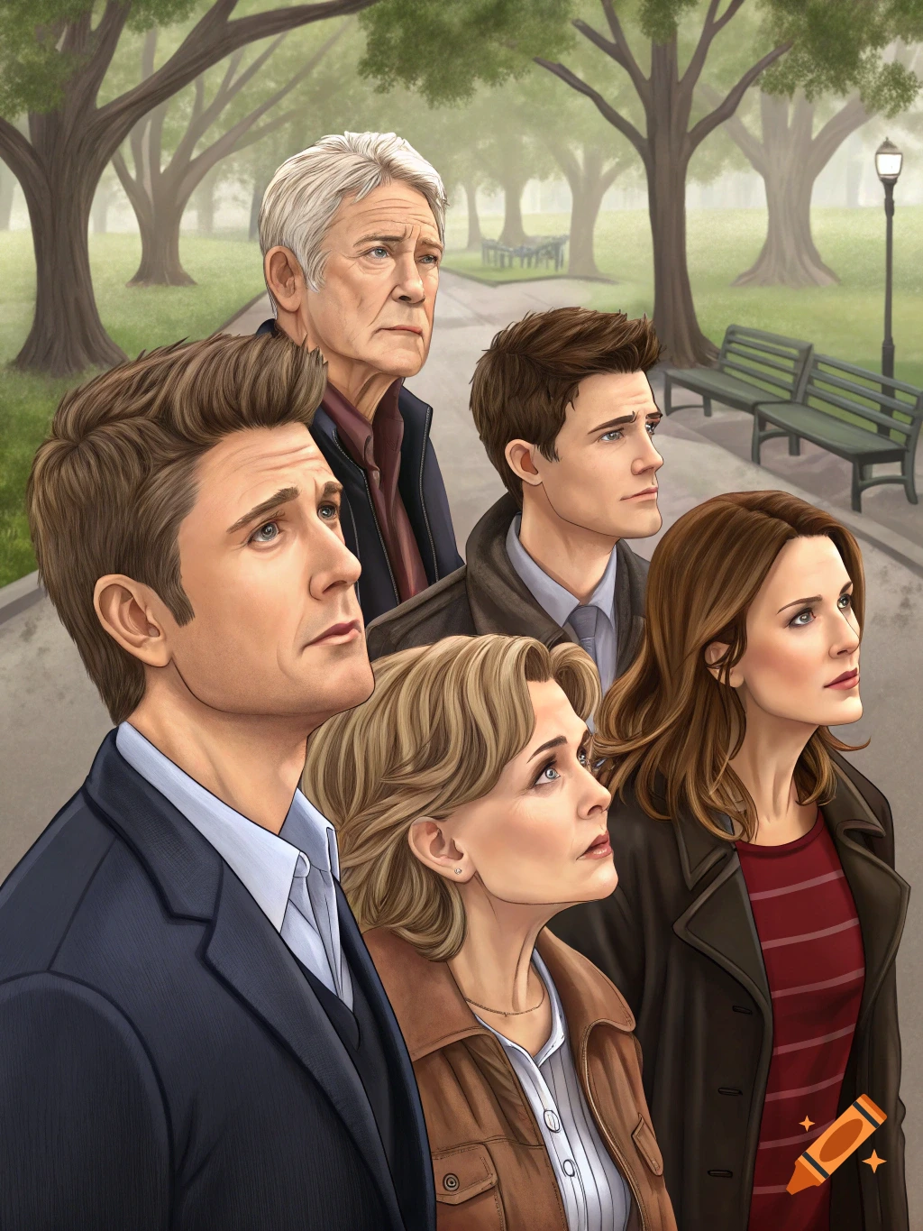 Illustration of five people looking up in a park with trees and benches in the background.
