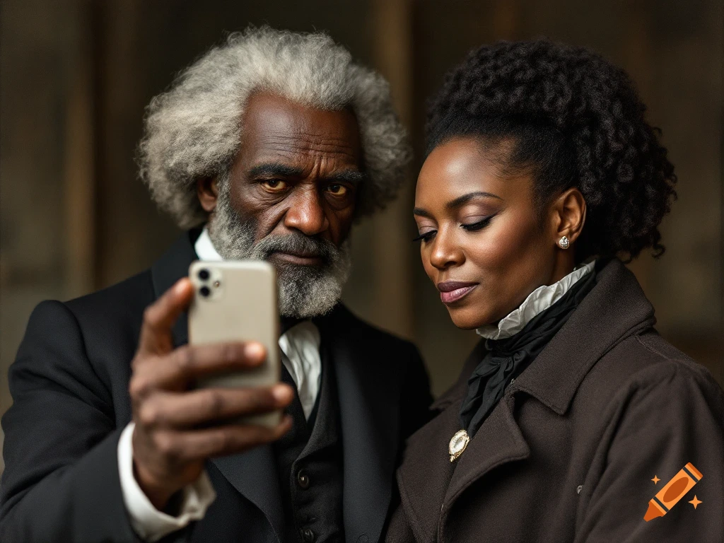 Fredrick Douglass and Harriet Tubman looking at a smartphone together, photorealistic style.