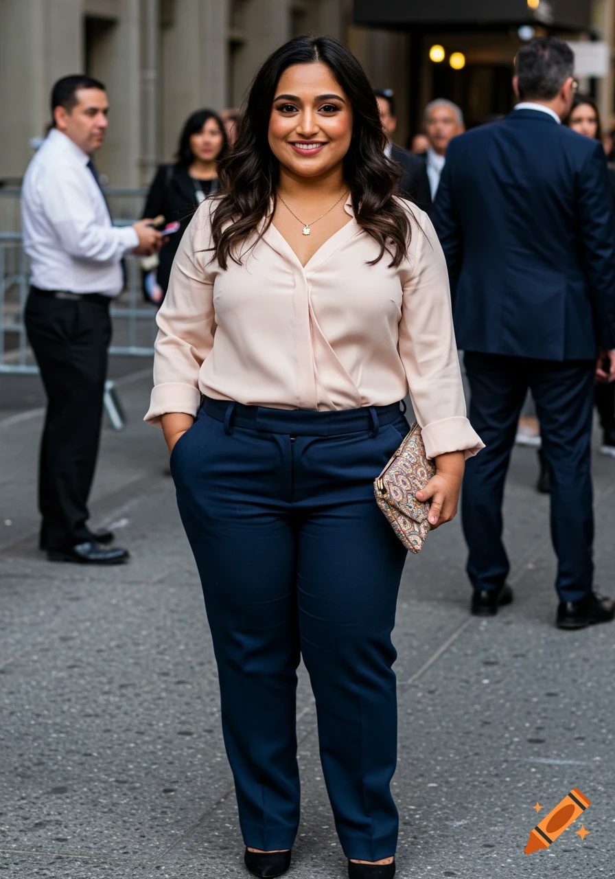A woman in a pink blouse and blue trousers stands on a street holding a clutch.