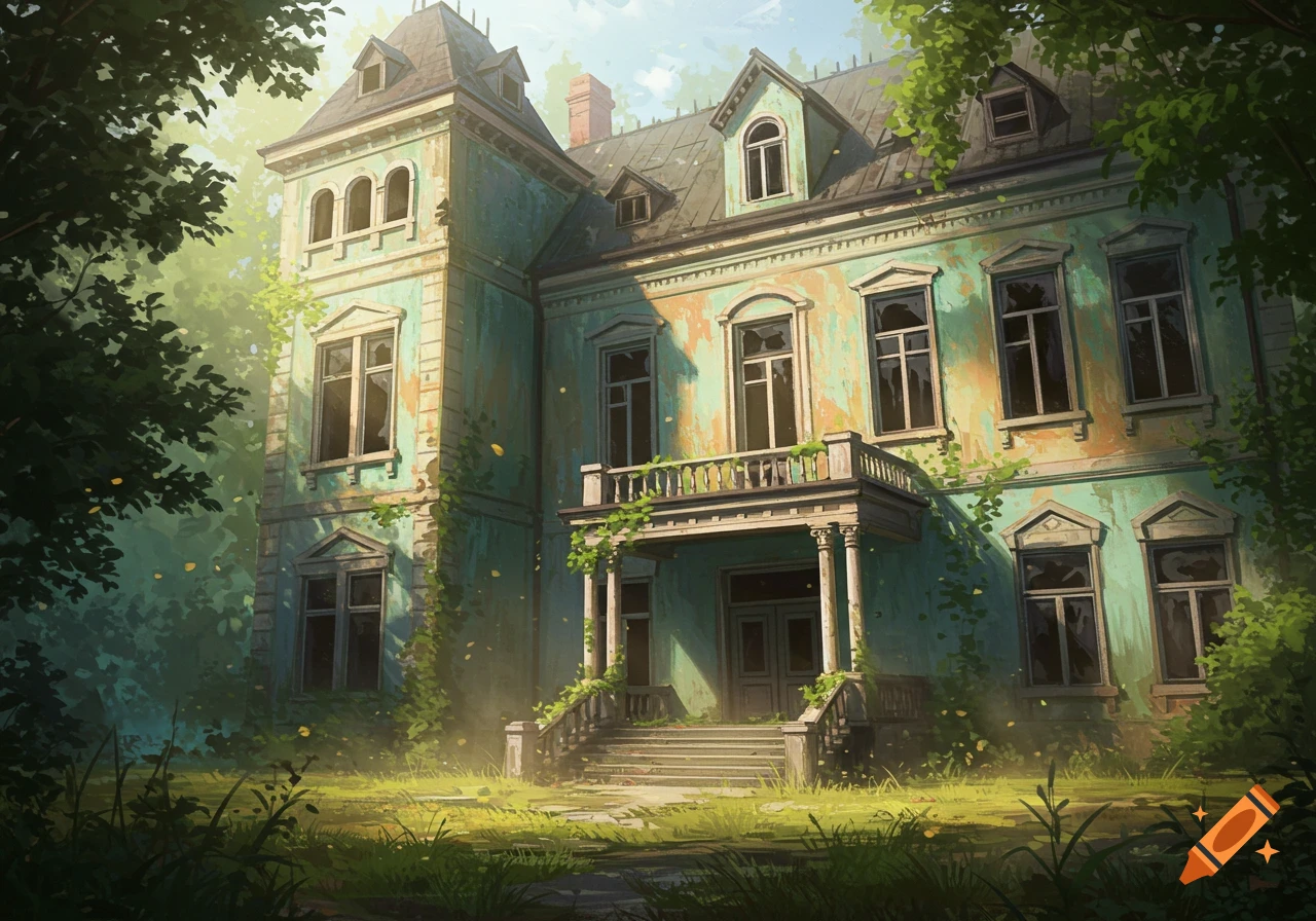 Painting of an overgrown, abandoned mansion bathed in sunlight.