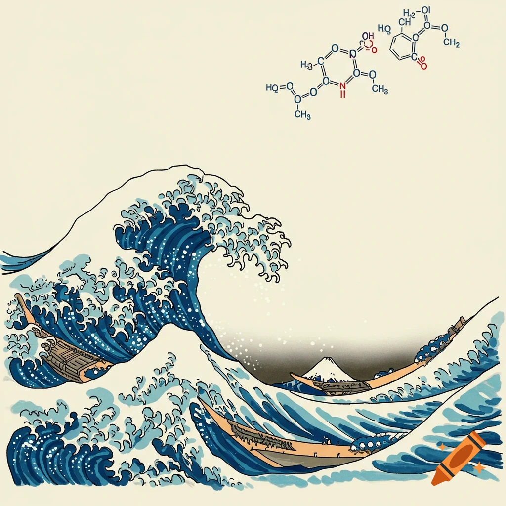 Stylized illustration of The Great Wave off Kanagawa with molecular structure diagrams in the top right.