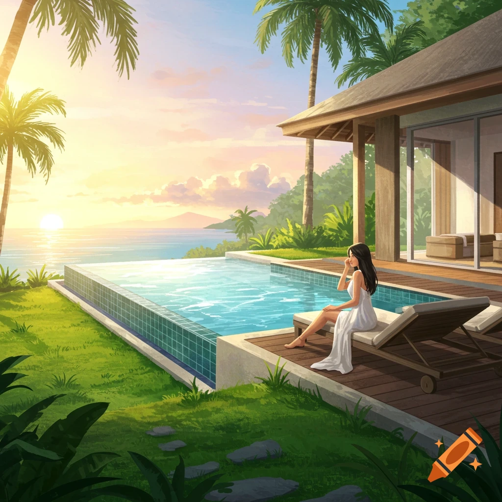 An illustration of a woman relaxing by a pool at a tropical luxury resort during sunset.