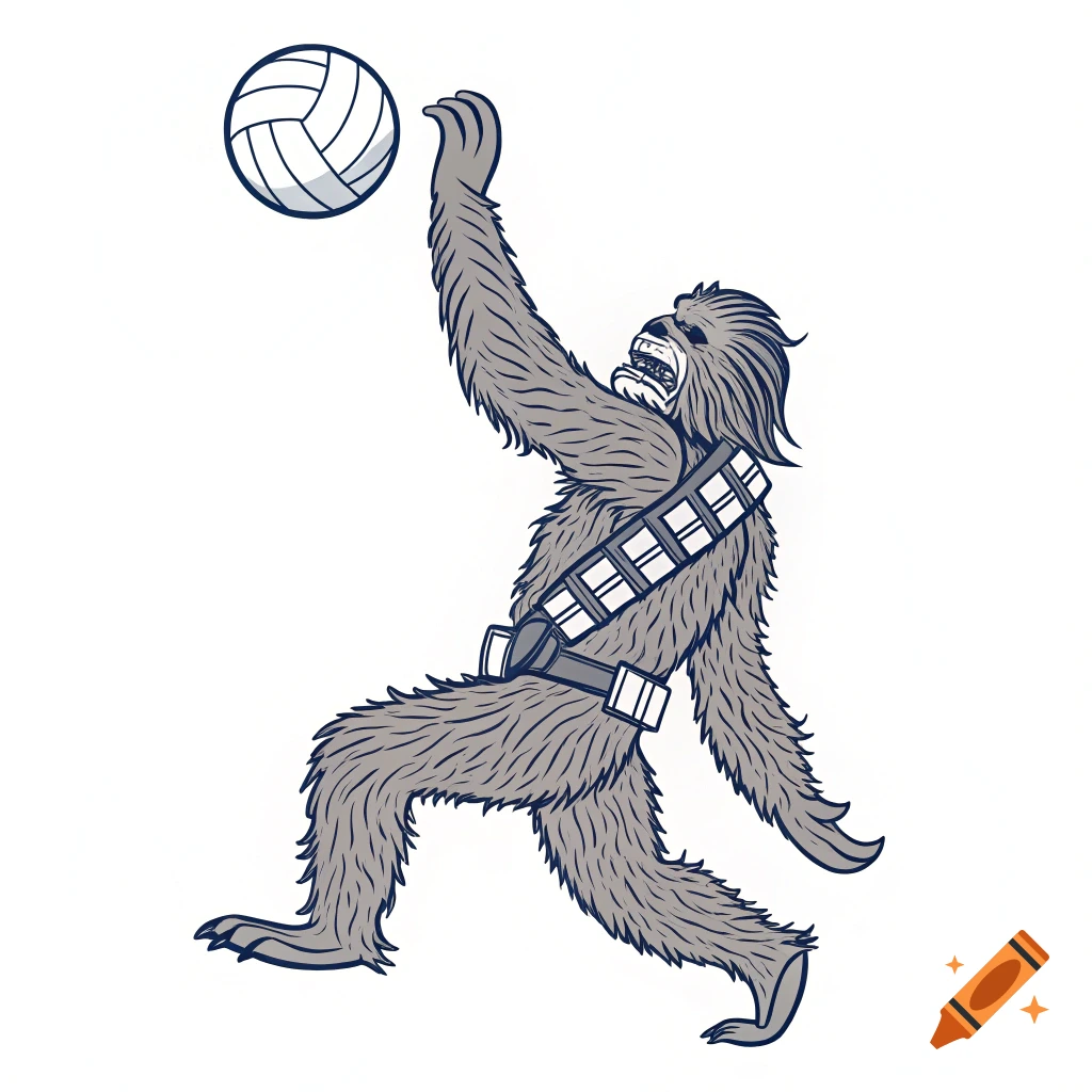 Cartoon outline illustration of Chewbacca spiking a volleyball