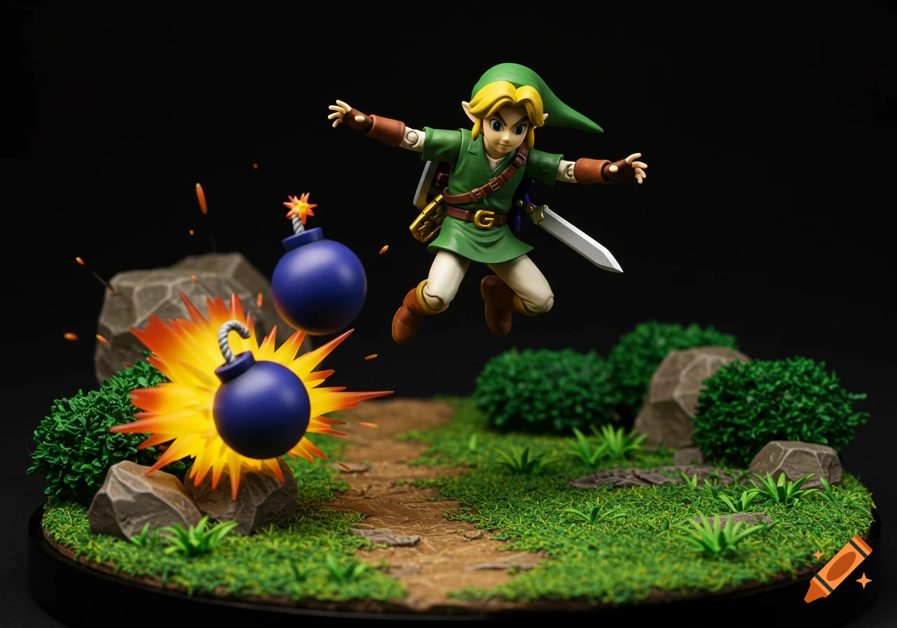 Diorama of Link from Legend of Zelda jumping near exploding bombs.