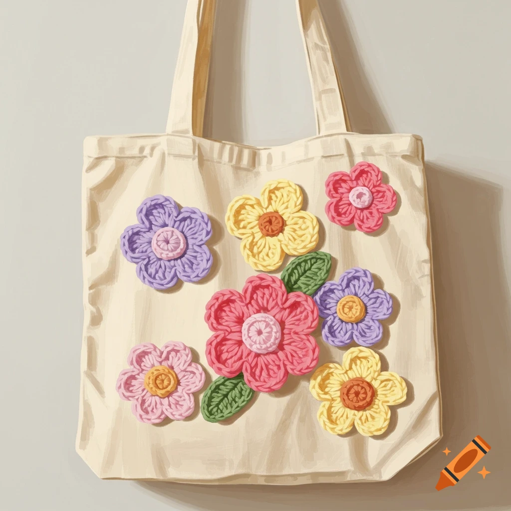 A digital painting of a cream canvas tote bag adorned with colorful crochet flowers in pink, purple, and yellow.