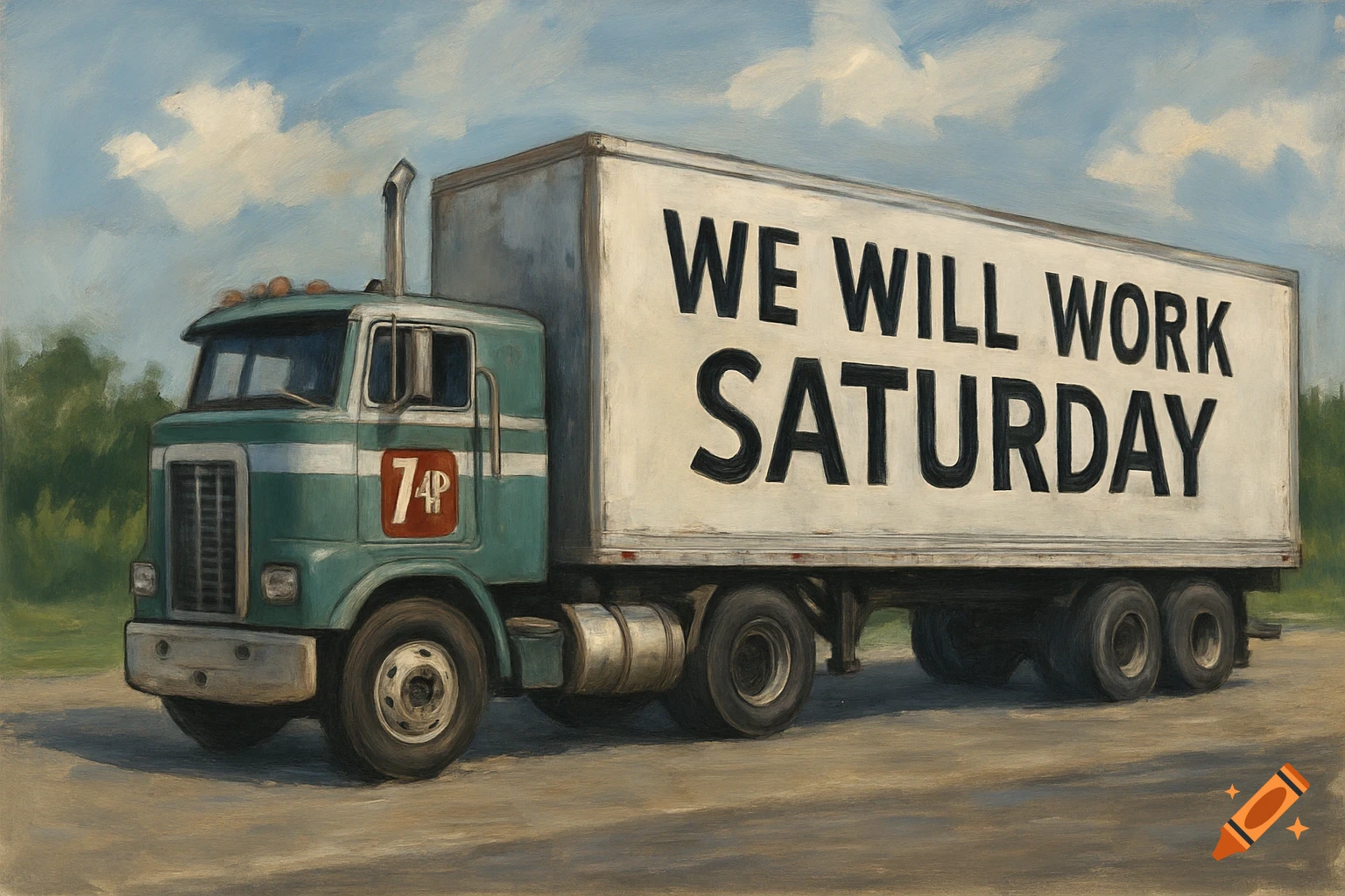 Painterly image of a green and white semi-truck with 'WE WILL WORK SATURDAY' on the trailer