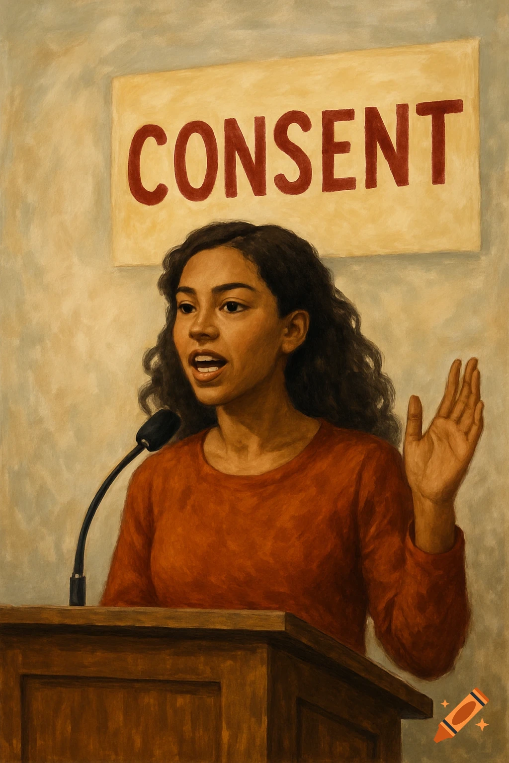 Painting of a woman giving a speech at a podium with a sign reading 'CONSENT' behind her.