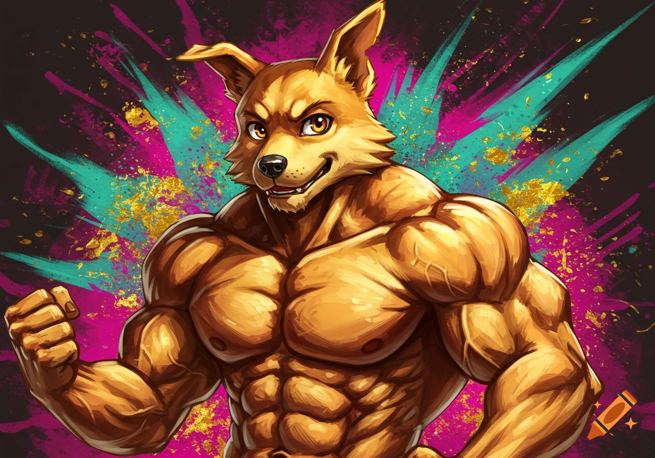Muscular anthropomorphic dog in anime style against a colorful splash background.