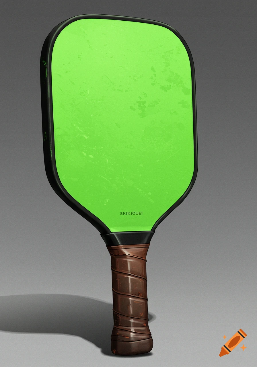 A bright green pickleball paddle with a brown wrapped handle.