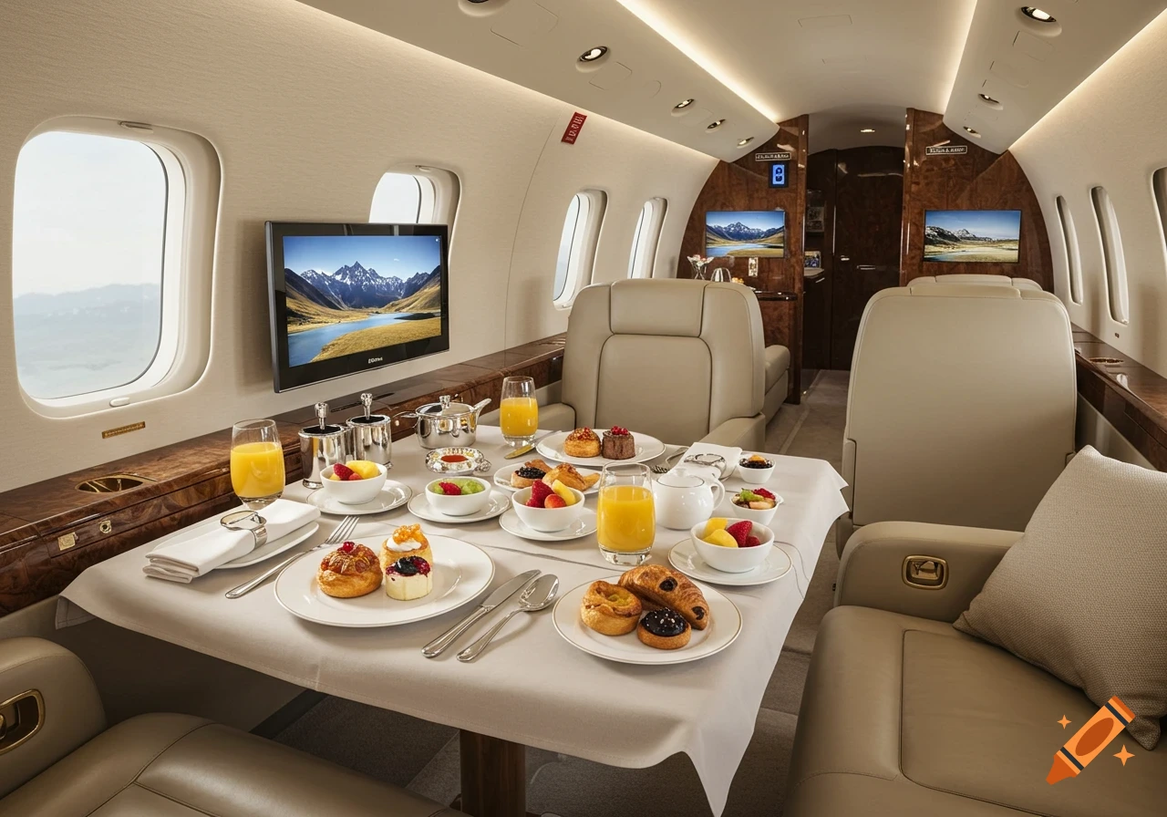 A luxurious meal of pastries and fruit salad on a table in a private jet cabin with screens showing landscapes.