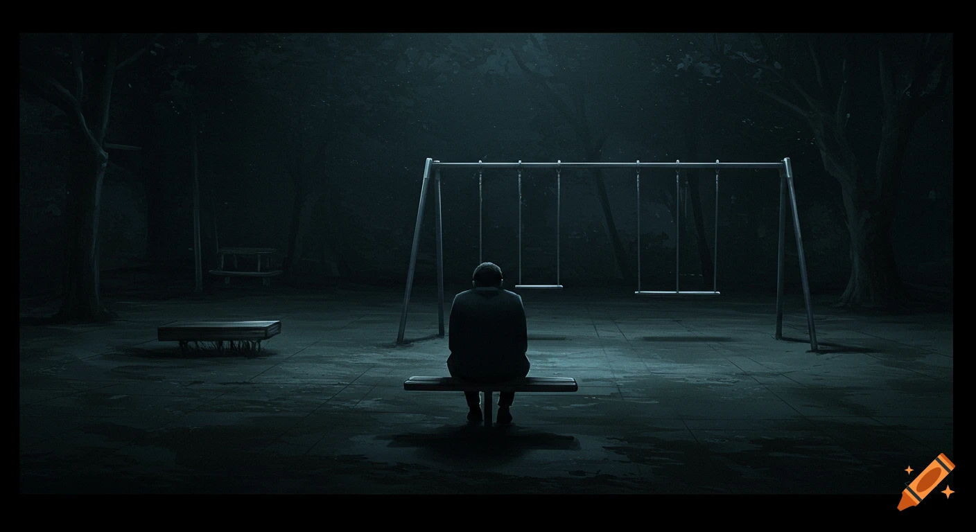 A solitary figure sits on a bench in a dark, empty playground with a swing set in a moody cinematic style.