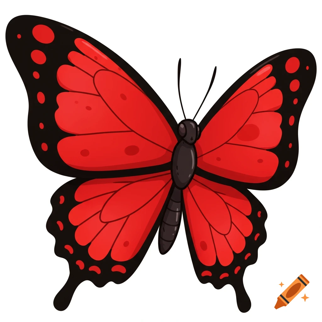 A cartoon red and black butterfly with its wings facing forward.
