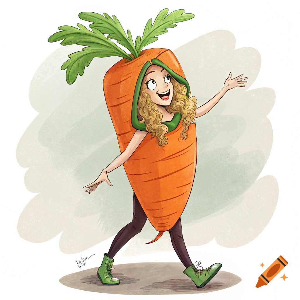 Illustration of a person in a cheerful carrot costume walking.
